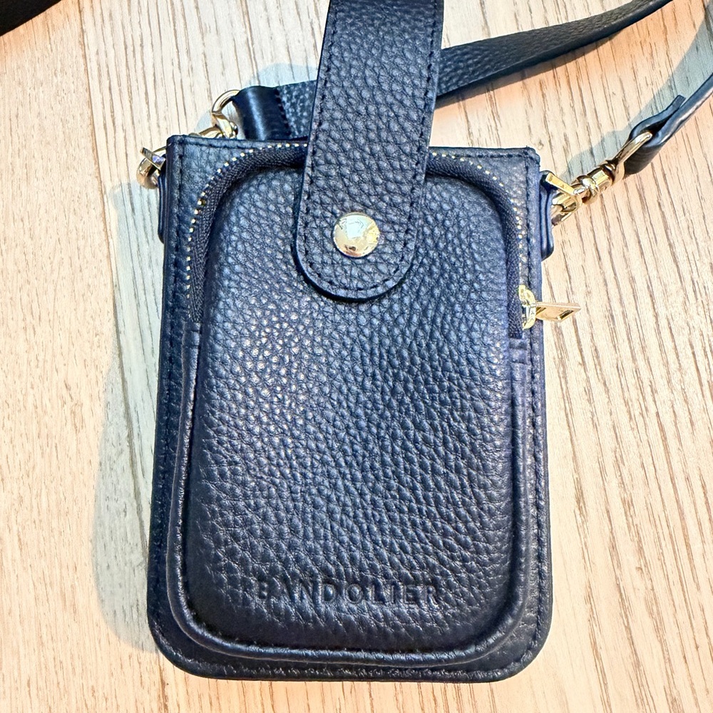 Bandolier Black Pebbled Leather Crossbody Pouch with Gold Hardware